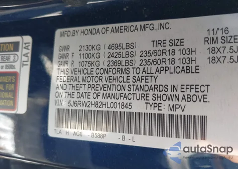 2017 Honda Cr-V Ex-L/Ex-L Navi z USA, uszkodzony, nr VIN 5J6RW2H82HL001845
